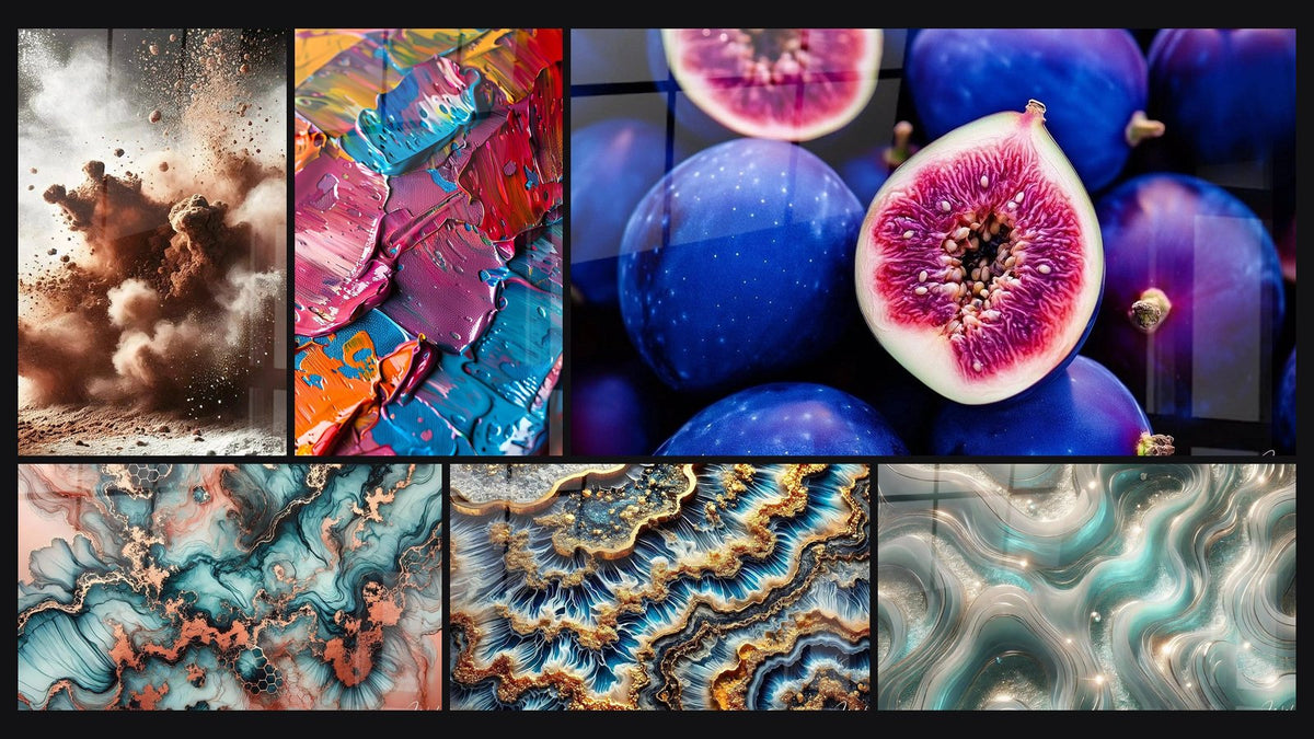 Mosaico di sei quadri, tra cui Magia Cioccolatata, Di pittura acrilica multicolore e Frutta N°3