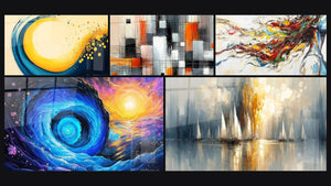 Mosaico de cinco cuadros, entre ellos Espiral dorado y azul, Vórtice cósmico y Mecánica de Colores
