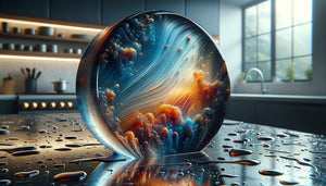 Gros plan d'une peinture acrylique recouverte de résine époxy transparente brillante avec gouttes d'eau perlant sur la surface imperméable