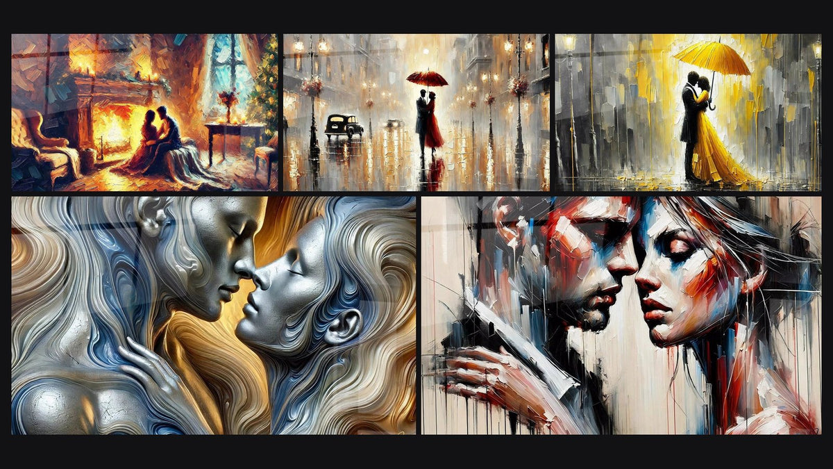 Mosaïque de cinq tableaux, dont Lueur d'Amour, Sous le Parapluie Rouge et Amour sous la Pluie