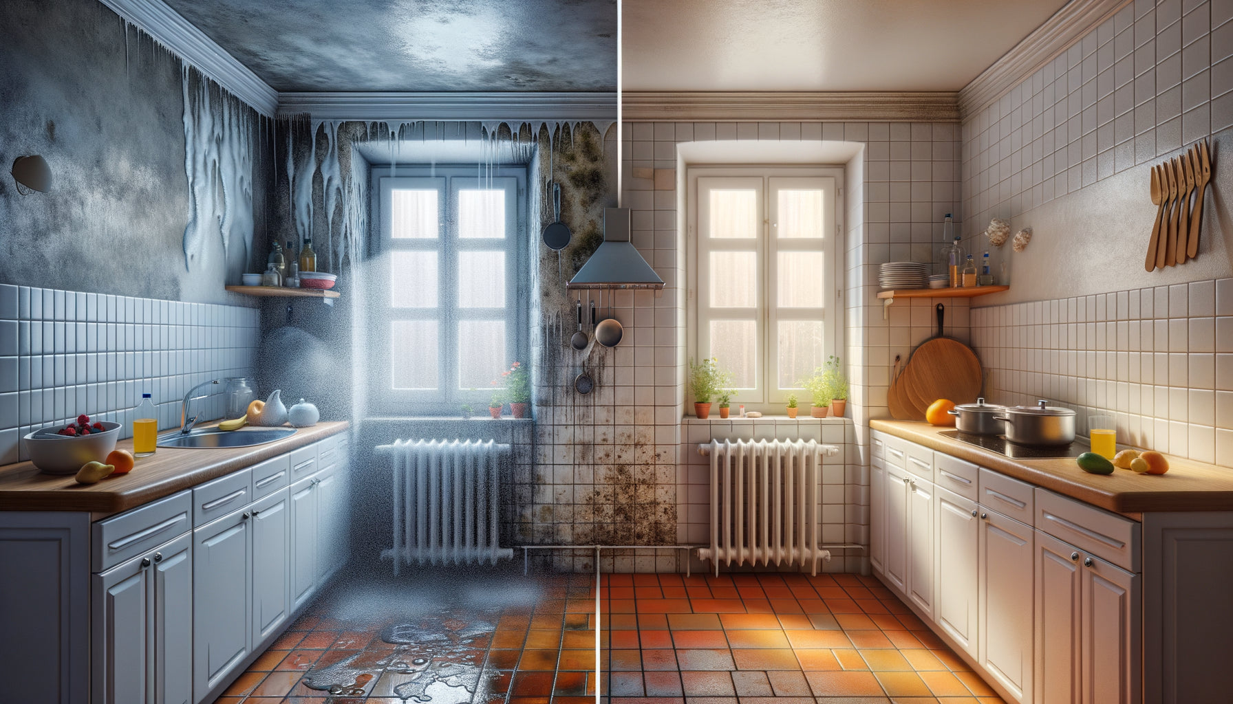 Cuisine mal isolée avant et après application de peinture anti-condensation, comparaison de l'humidité sur les murs