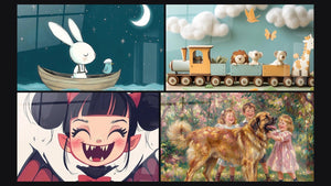 Mosaic of four paintings, including Children's Wall Art No. 19 and Vampire Artwork No. 1