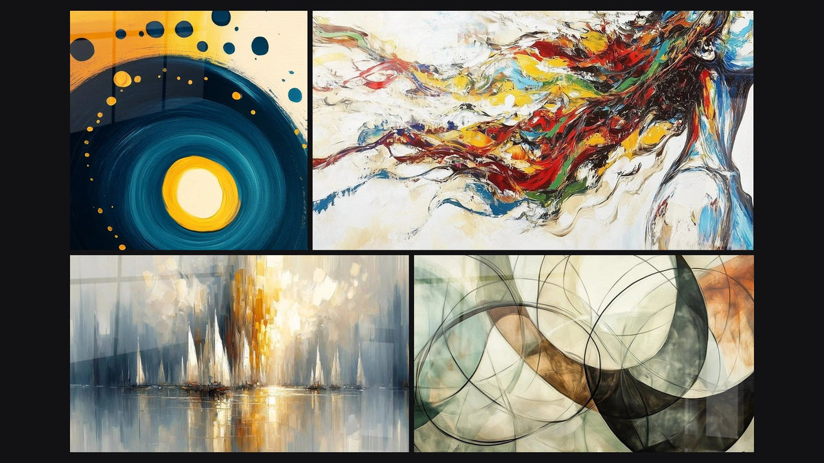 Mosaico di quattro quadri, tra cui A spirale cosmica blu e arancione, Alba sulla Baia e Muse Moderna