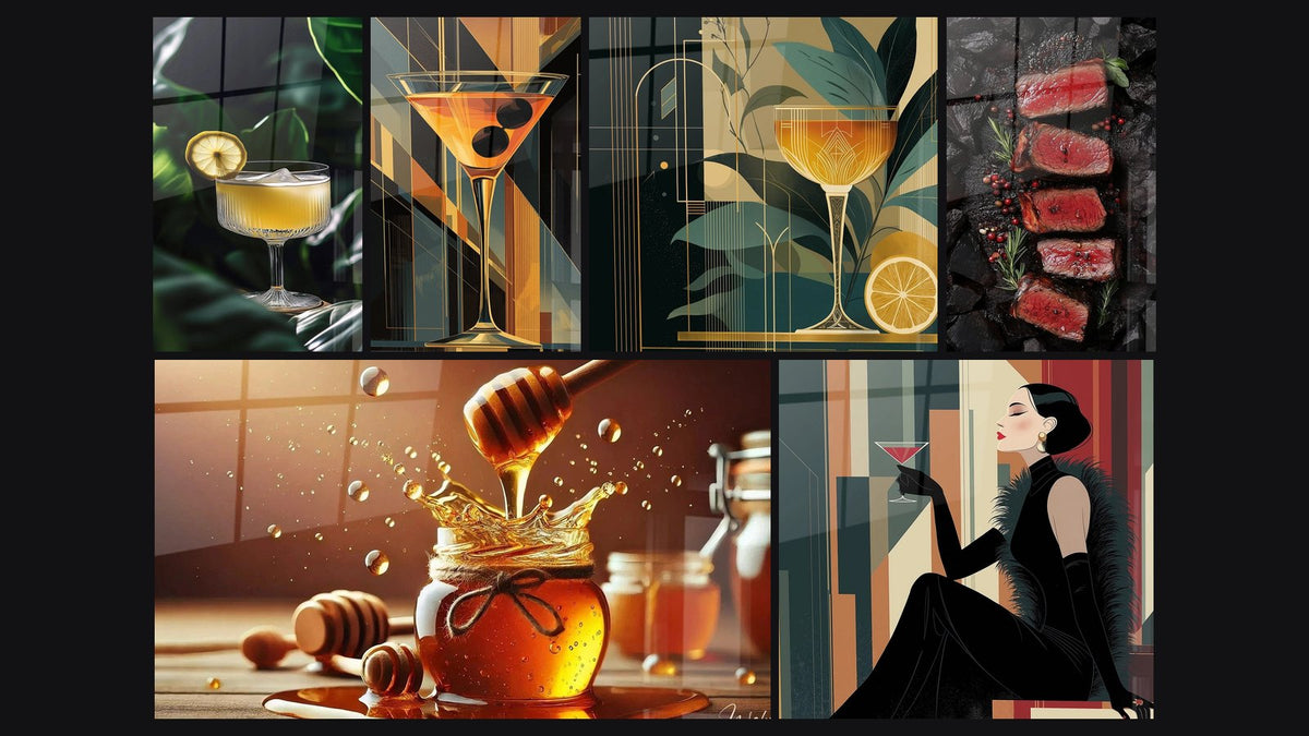 Mosaico di sei quadri, tra cui Dolcezza Dorata, Femmina Elegante al Cocktail e Carne N°1