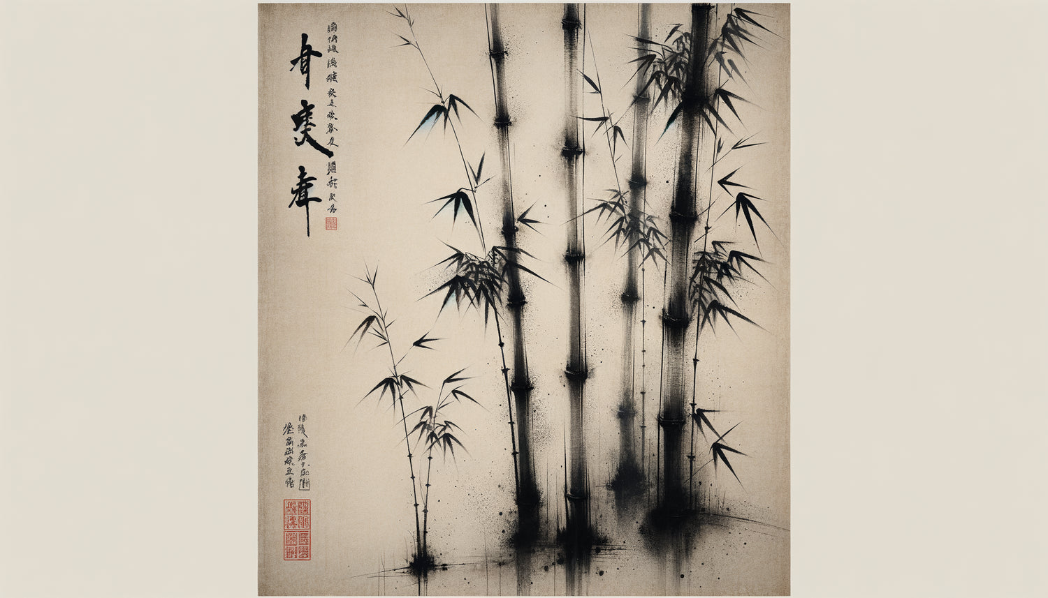 Peinture chinoise traditionnelle à l'encre de bambous, style dynasties Tang et Song, traits calligraphiques minimalistes sur papier de riz