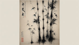Peinture chinoise traditionnelle à l'encre de bambous, style dynasties Tang et Song, traits calligraphiques minimalistes sur papier de riz