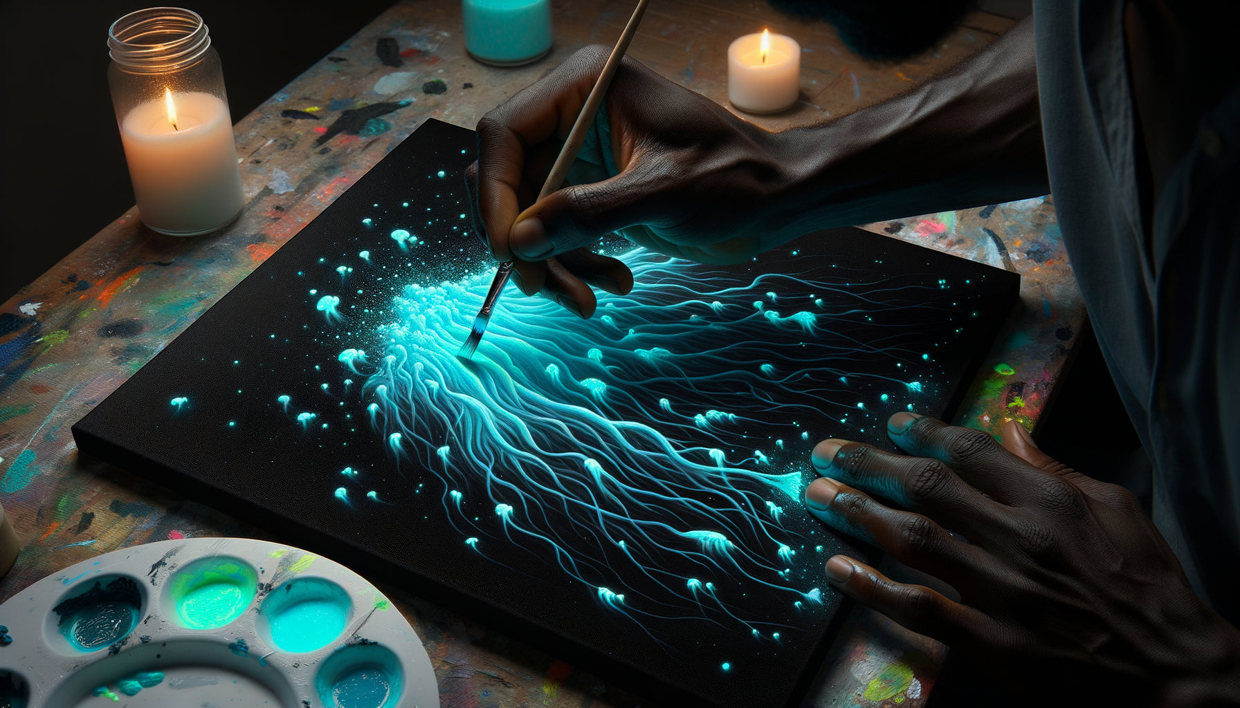 Artiste peignant la bioluminescence marine avec pigments luminescents turquoise sur toile noire, technique contemporaine d'art océanique