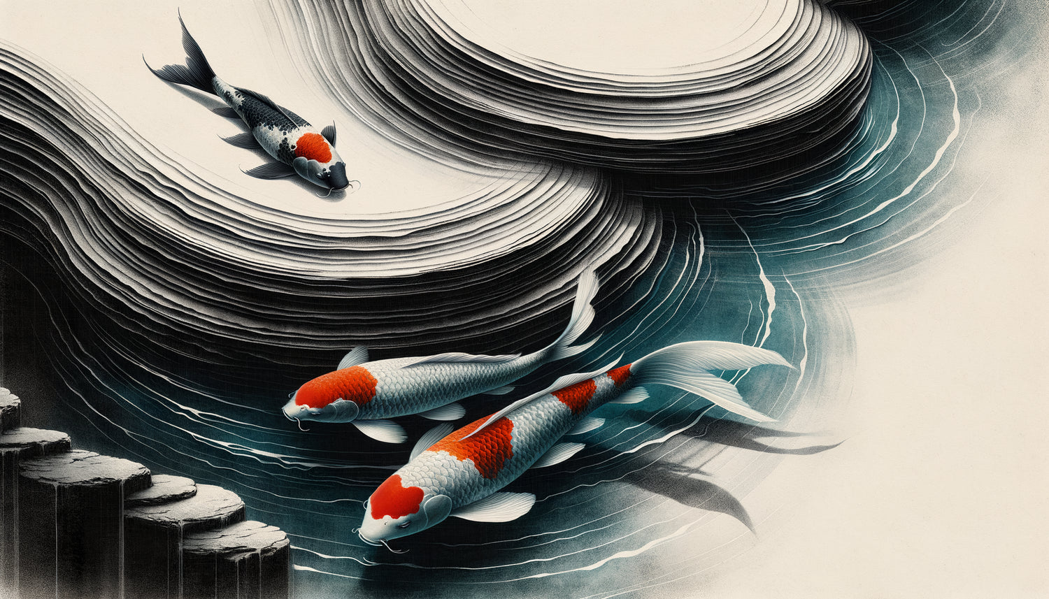 Peinture traditionnelle japonaise sumi-e de carpes koï dans l'eau, style Edo, encre et lavis, atmosphère spirituelle zen
