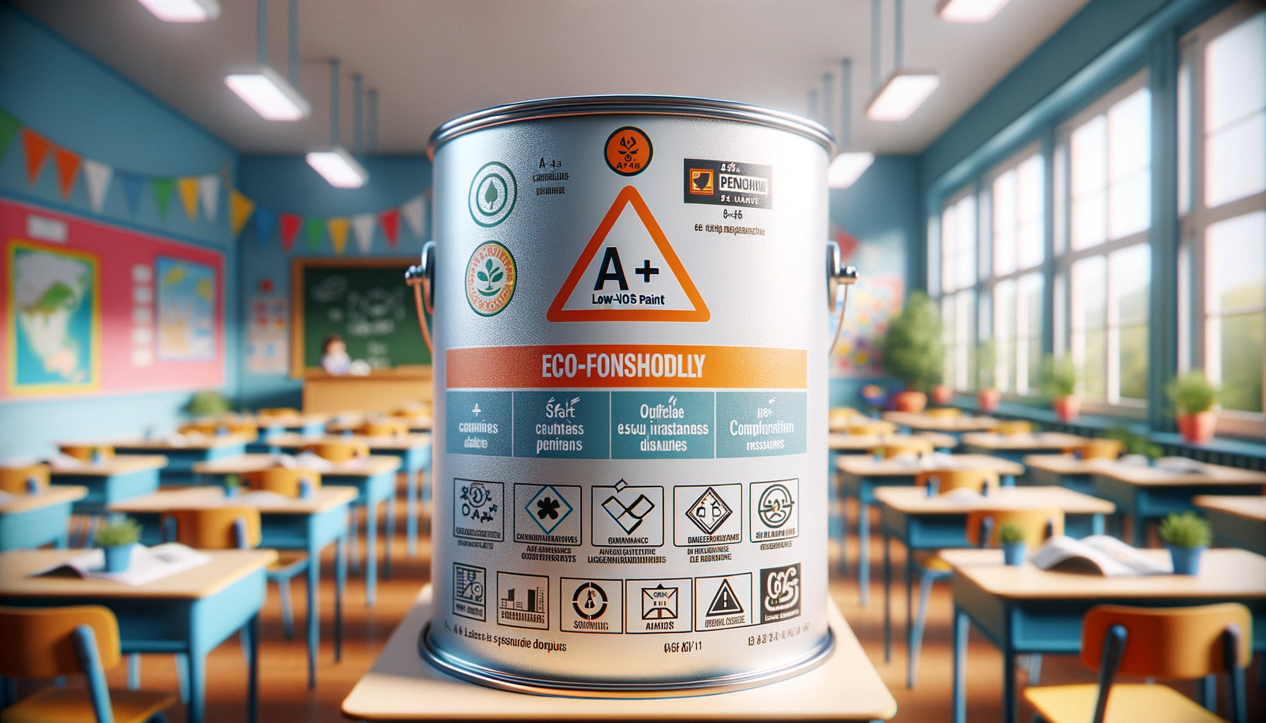 Pot de peinture certifiée à faible émission de COV avec étiquette de composition transparente pour établissement scolaire