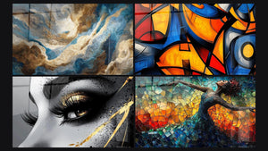 Mosaic of four paintings, including Marine storm, Colored geometric shapes and Golden Tear Eye