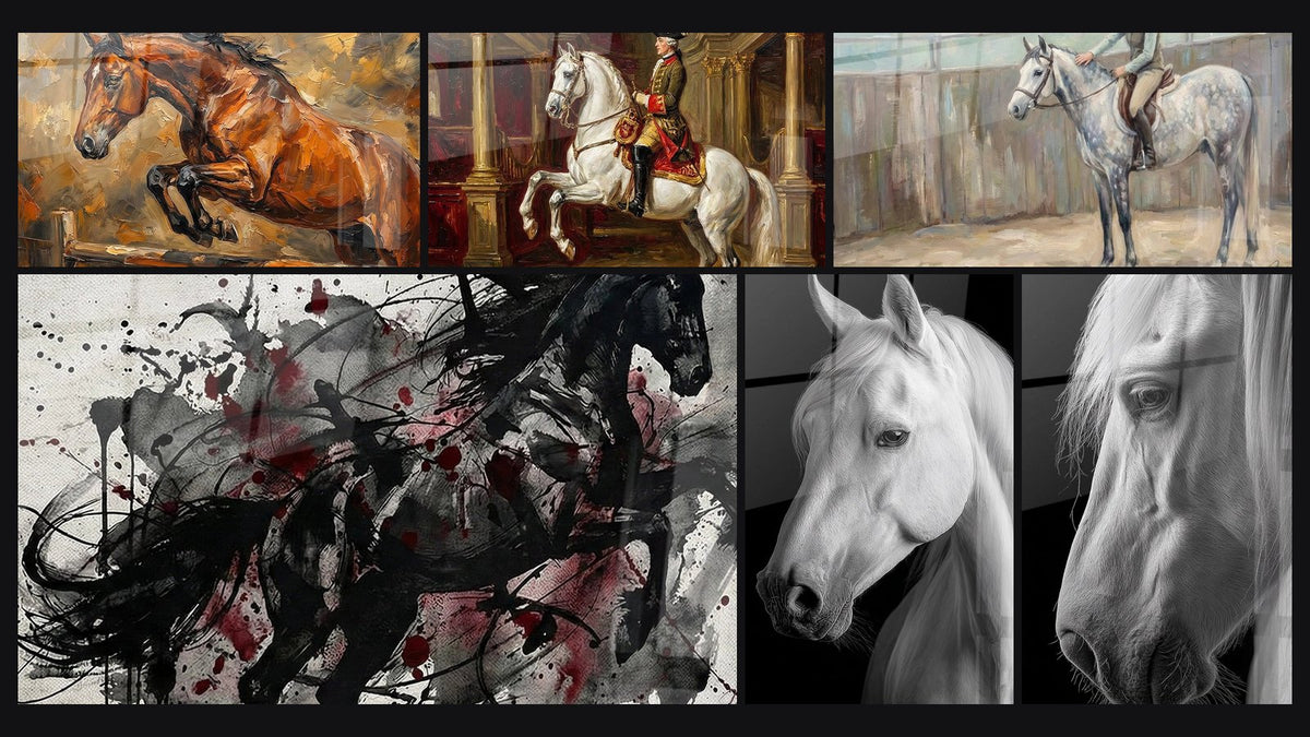 Mosaïque de six tableaux, dont Cheval au Galop, Cheval Abstrait et Cheval Blanc