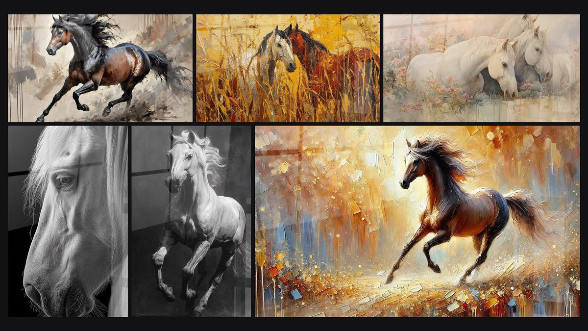 Mosaïque de six tableaux, dont Grâce du Galop, Chevaux Sauvages et Cheval Blanc Portrait
