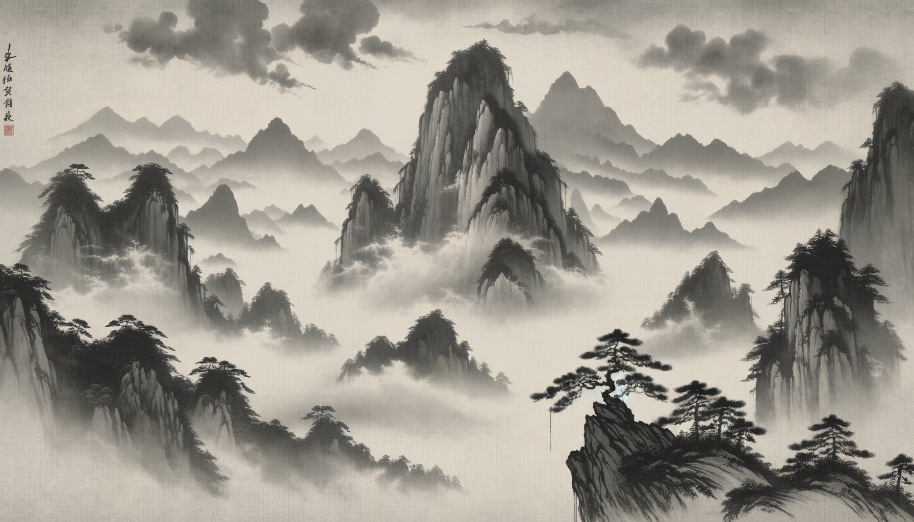 Peinture traditionnelle chinoise de montagnes brumeuses avec vastes zones vides, style dynastie Song, encre sur papier