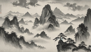 Peinture traditionnelle chinoise de montagnes brumeuses avec vastes zones vides, style dynastie Song, encre sur papier