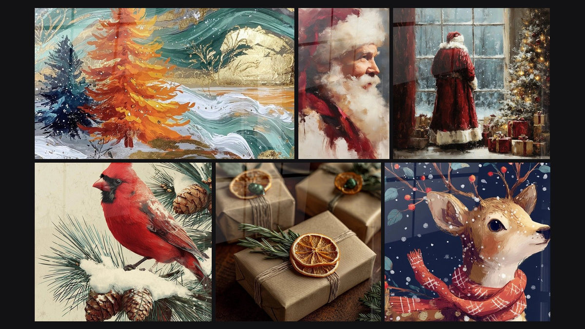 Mosaik aus sechs Gemälden, darunter Landschaft Atem des Weihnachtsmanns und Roter Kardinal Begleiter der Feiern