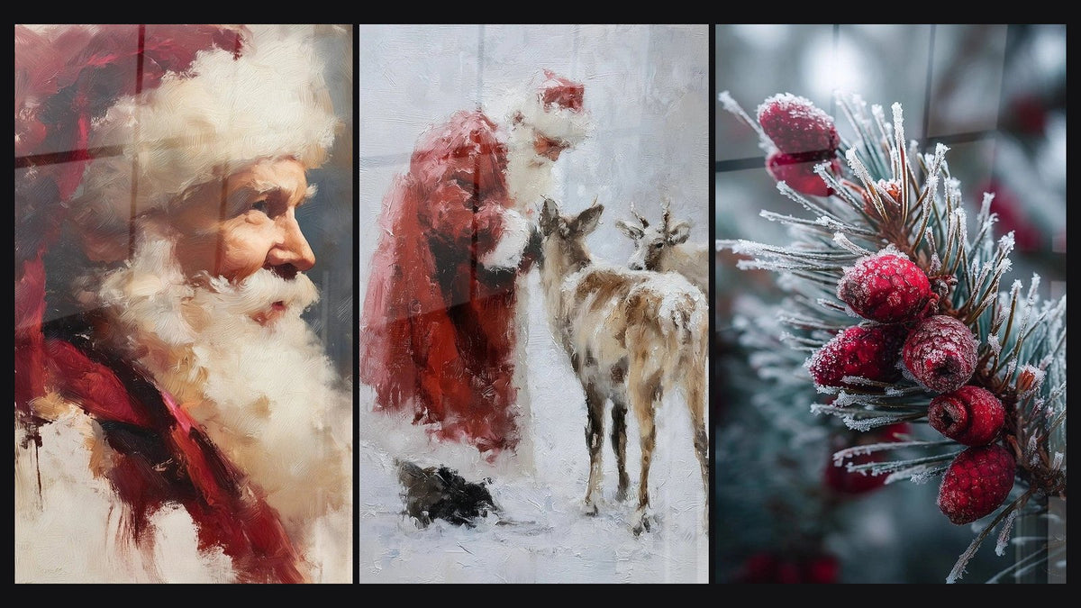 Mosaïque de trois tableaux, dont Père Noël Sagesse des neiges d'antan et Baies Secrets du jardin gelé