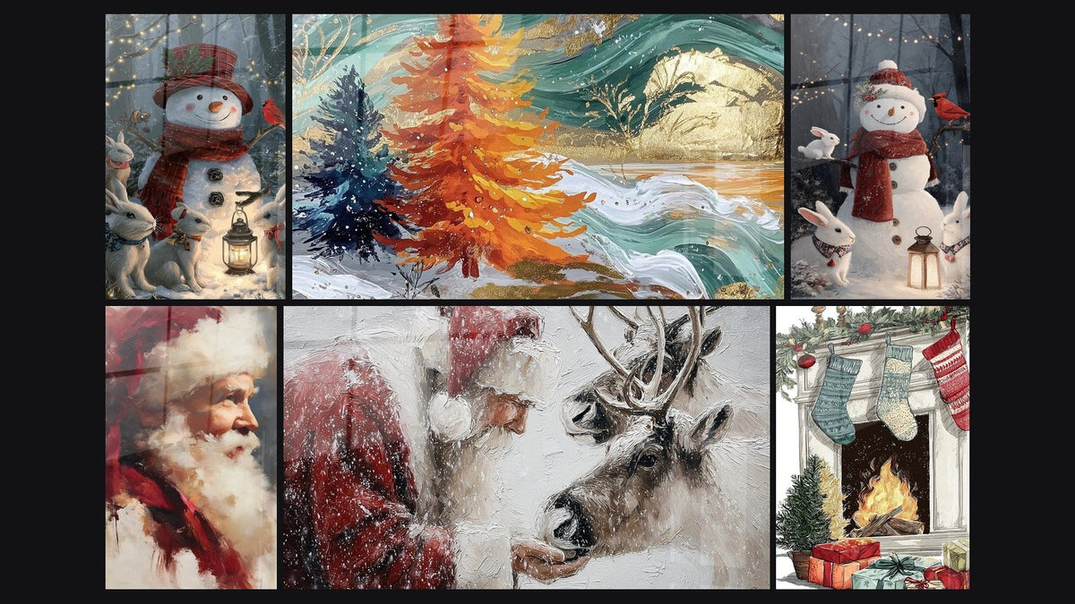 Mosaik aus sechs Gemälden, darunter Landschaft Atem des Weihnachtsmanns und Kamin Flammen des Abends
