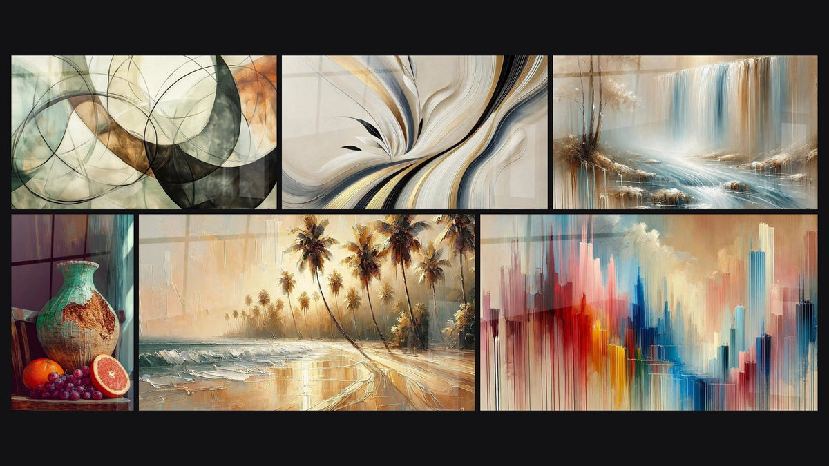 Mosaïque de six tableaux, dont Les Liens Invisibles, Élan d'Harmonie et L'Orange et la Patine
