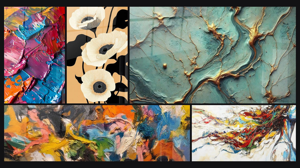 Mosaik aus fünf Gemälden, darunter Mehrfarben-Acrylmalerei, Stilisierte Blumen und Abstrakte mehrfarbige Malerei