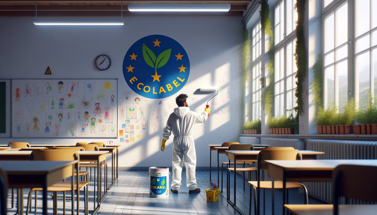 Application de peinture certifiée Ecolabel européen dans une salle de classe, avec logo de certification visible
