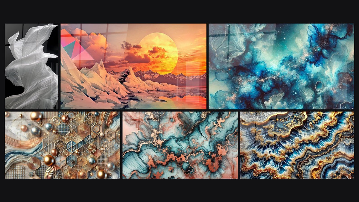 Mosaico di sei quadri, tra cui Tessuto Fluido, Paesaggio futuristico cristallino e Oceano Celeste
