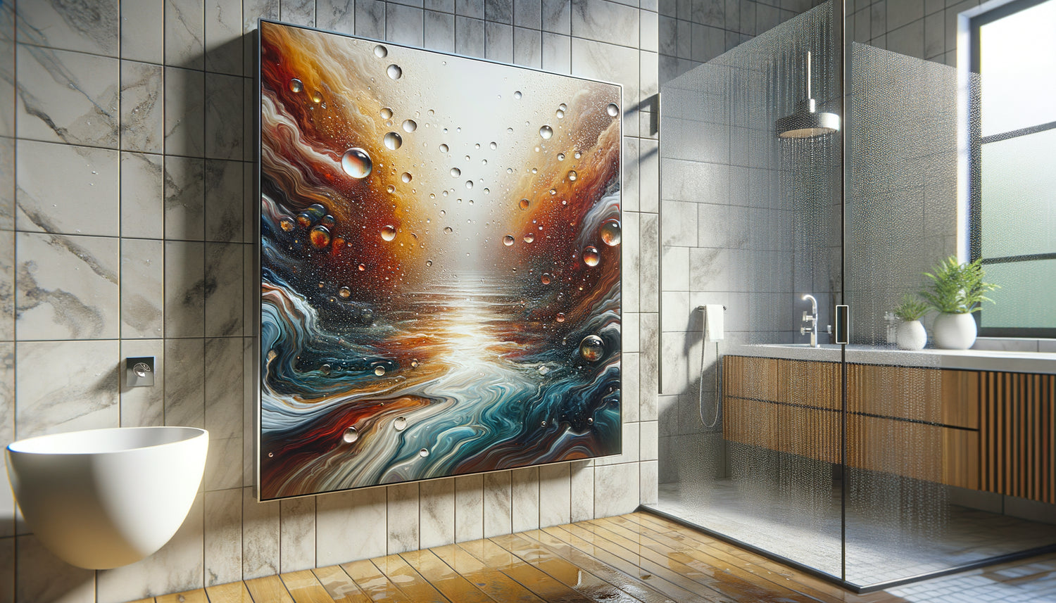 Tableau mural protégé par résine époxy dans salle de bains humide avec gouttelettes d'eau perlant sur surface imperméabilisée