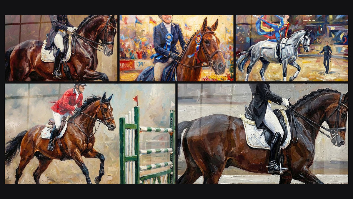 Mosaïque de cinq tableaux, dont Dressage Équestre, Cavalière Victorieuse et Voltige Équestre
