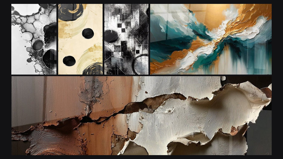 Mosaïque de cinq tableaux, dont Bulles abstraites, Équilibre Sphère Noir et Fragments d’Absolu