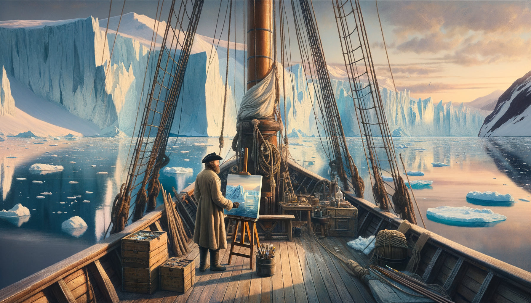 Peintre d'expédition du XIXe siècle documentant un paysage arctique avec icebergs depuis un navire d'exploration, style réalisme romantique victorien