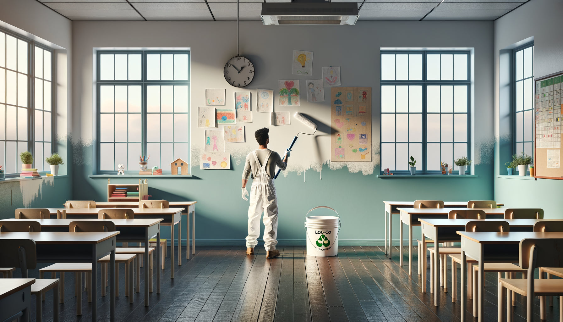 Classe d'école primaire moderne en cours de rénovation avec peinture écologique faible COV, ambiance lumineuse et saine