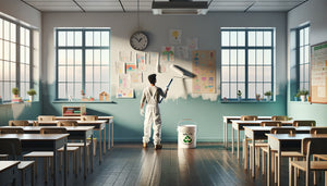 Classe d'école primaire moderne en cours de rénovation avec peinture écologique faible COV, ambiance lumineuse et saine