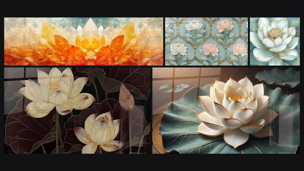 Mosaik aus fünf Gemälden, darunter Blütenmotive Art Déco und Heilige Reinheit