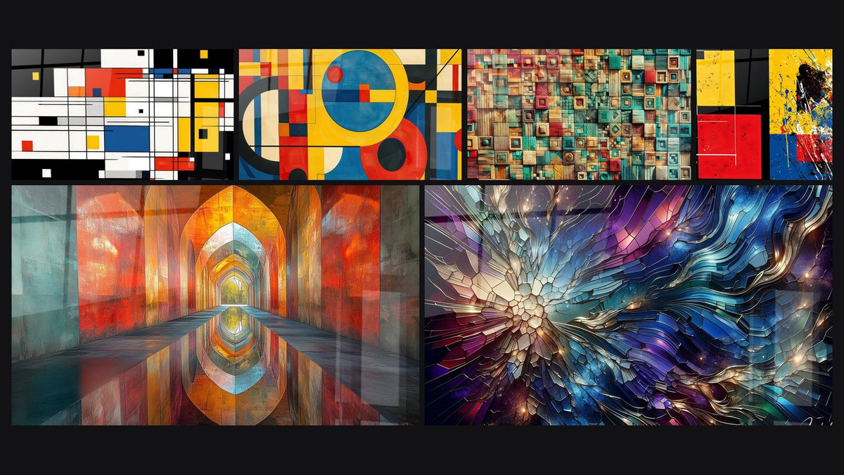 Mosaik aus sechs Gemälden, darunter Farbige geometrische Komposition und Colored Geometric Forms Wall Art