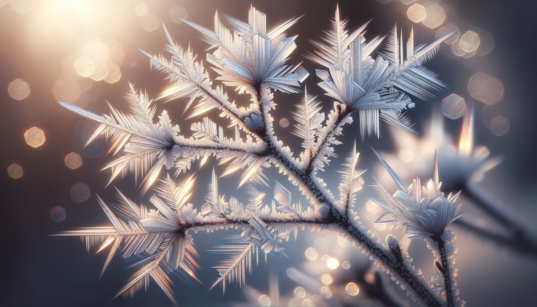 Peinture botanique détaillée montrant des cristaux de givre délicats sur des branches hivernales avec effets de transparence