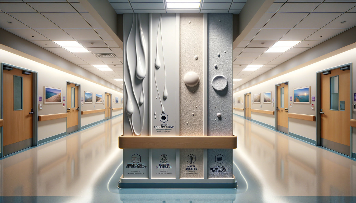 Comparaison macro de trois finitions de peinture hospitalière résistantes aux désinfectants : époxy, siloxane et polyuréthane