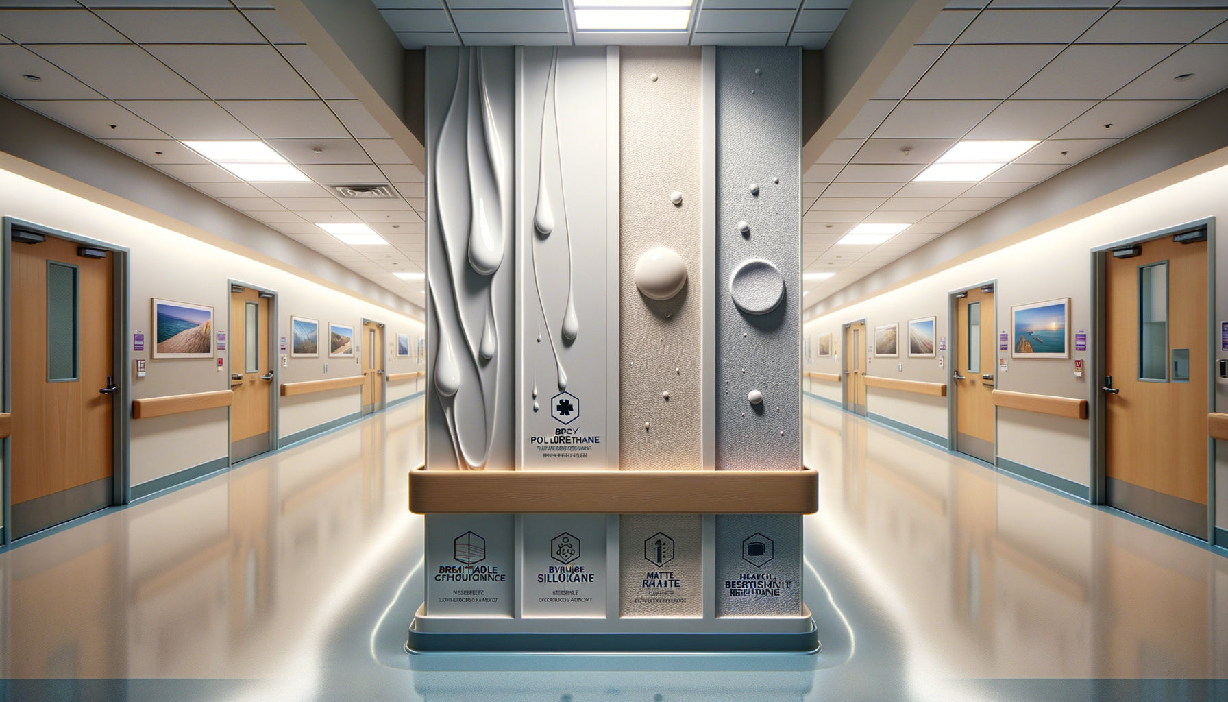 Comparaison macro de trois finitions de peinture hospitalière résistantes aux désinfectants : époxy, siloxane et polyuréthane