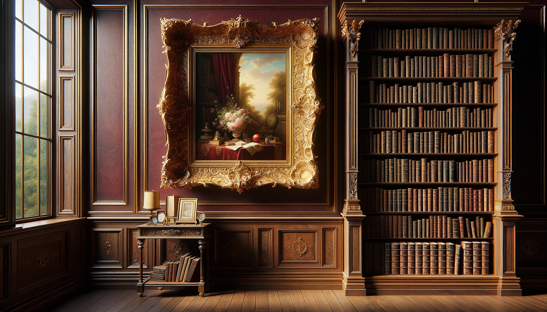 Peinture à l'huile ancienne encadrée près d'une bibliothèque en bois avec livres reliés cuir, intérieur soigné