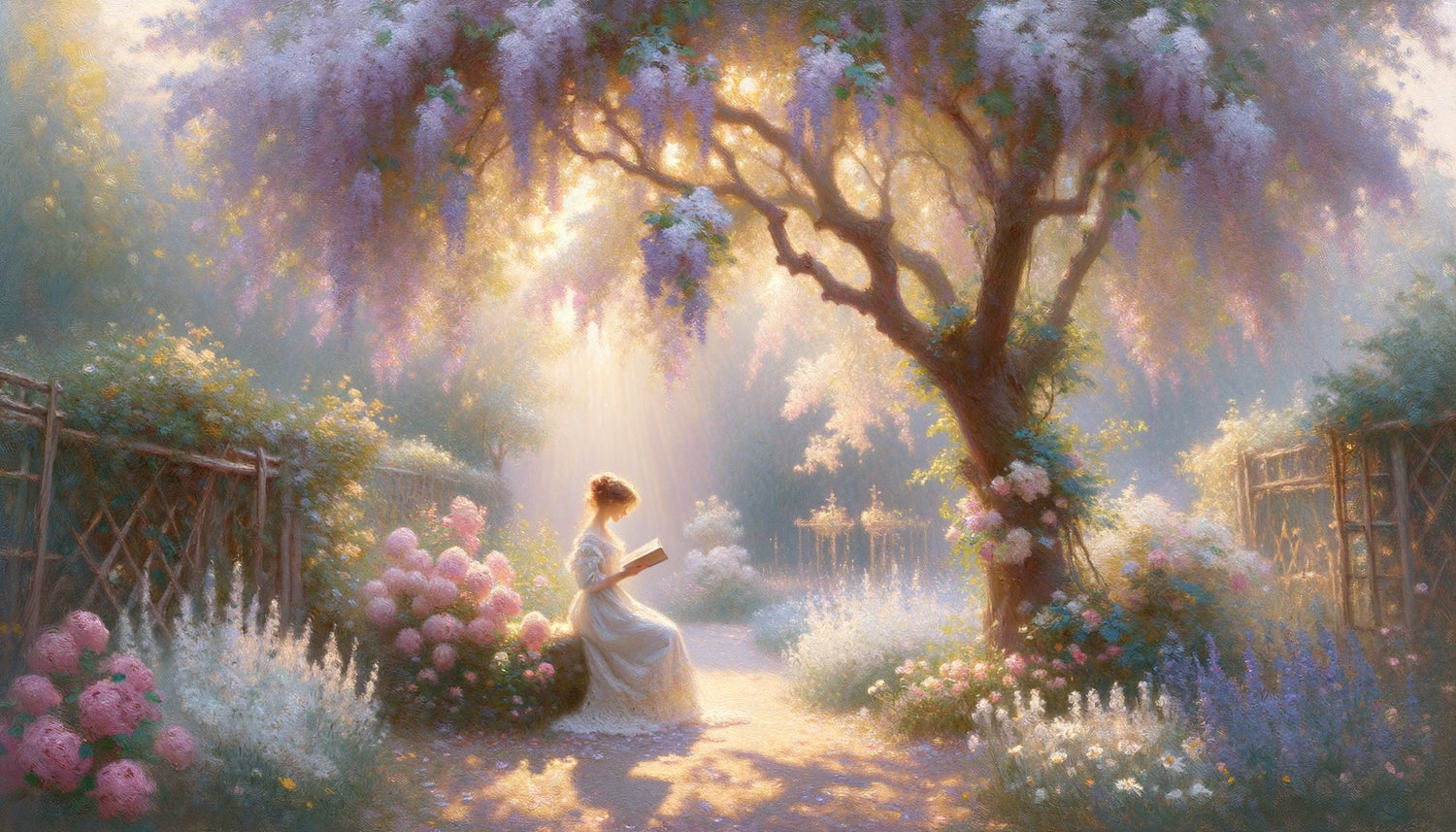 Peinture impressionniste authentique années 1880, jardin romantique aux teintes douces et lumière tamisée