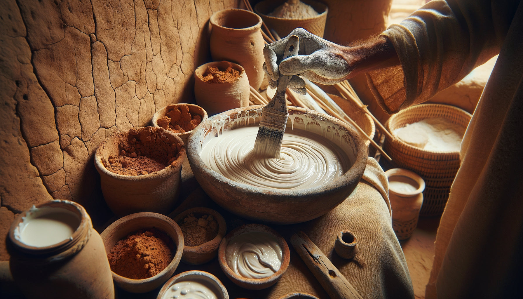 Application artisanale de peinture au lait caillé et pigments naturels sur mur en terre crue, technique ancestrale