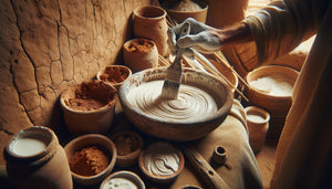 Application artisanale de peinture au lait caillé et pigments naturels sur mur en terre crue, technique ancestrale