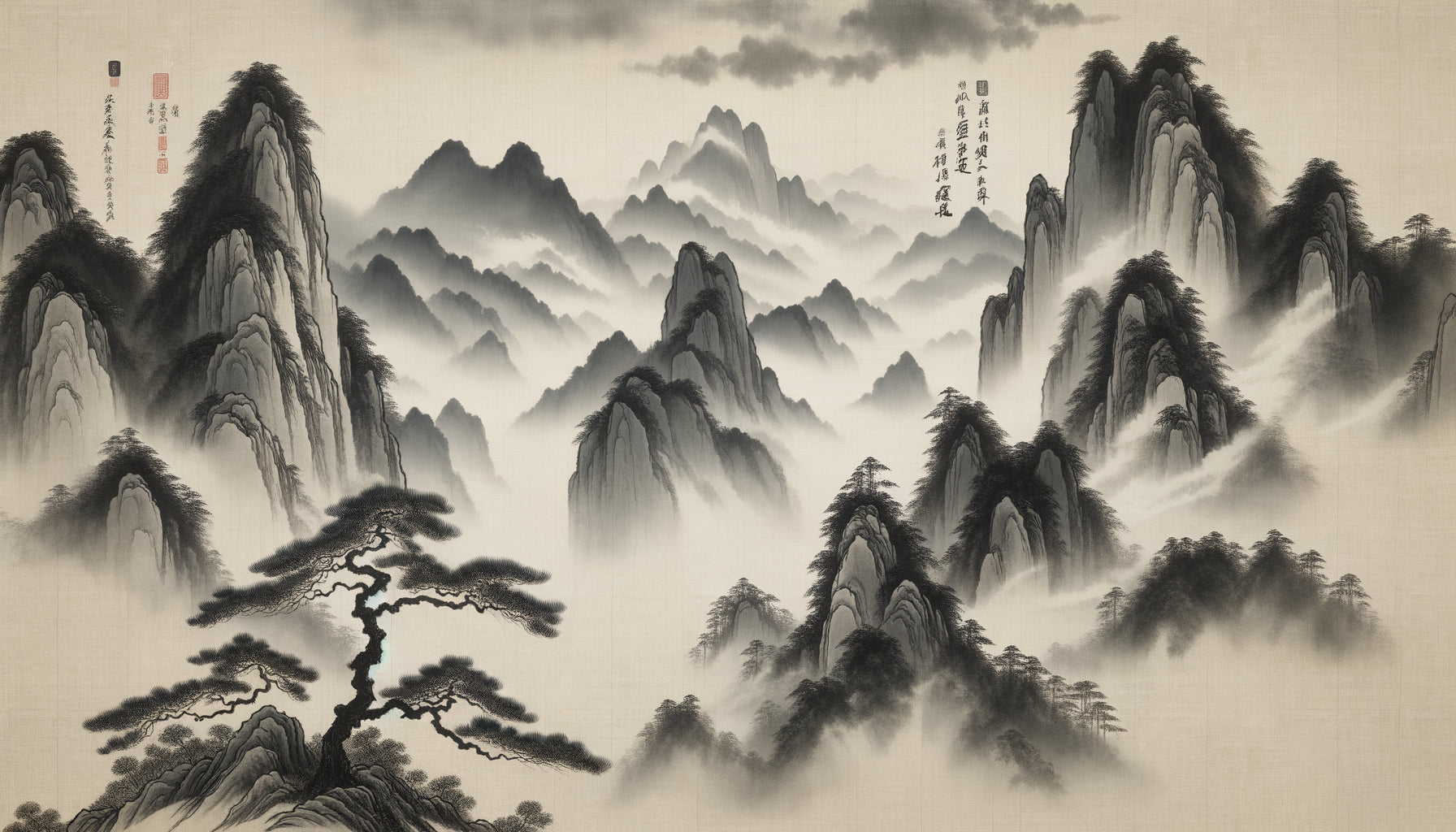 Peinture de paysage dynastie Song avec montagnes brumeuses à l'encre de Chine, touches d'azurite et malachite, style lavis traditionnel