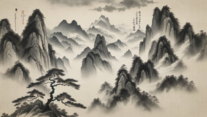 Peinture de paysage dynastie Song avec montagnes brumeuses à l'encre de Chine, touches d'azurite et malachite, style lavis traditionnel