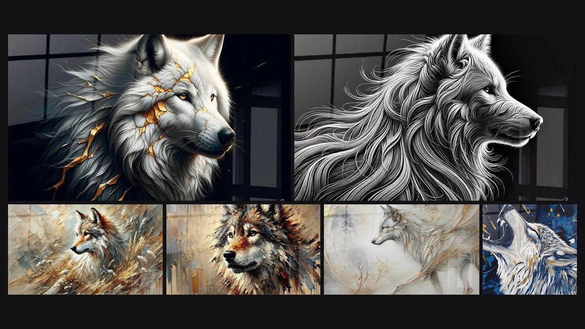 Mosaïque de six tableaux, dont Sagesse du Loup Immortel, Echo de la Forêt et Roi des Terres Sauvages