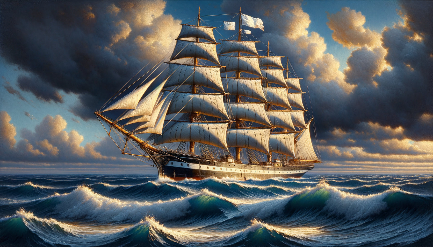 Peinture de marine académique du XIXe siècle représentant un navire marchand majestueux, style documentaire et prestigieux typique des commandes de compagnies maritimes