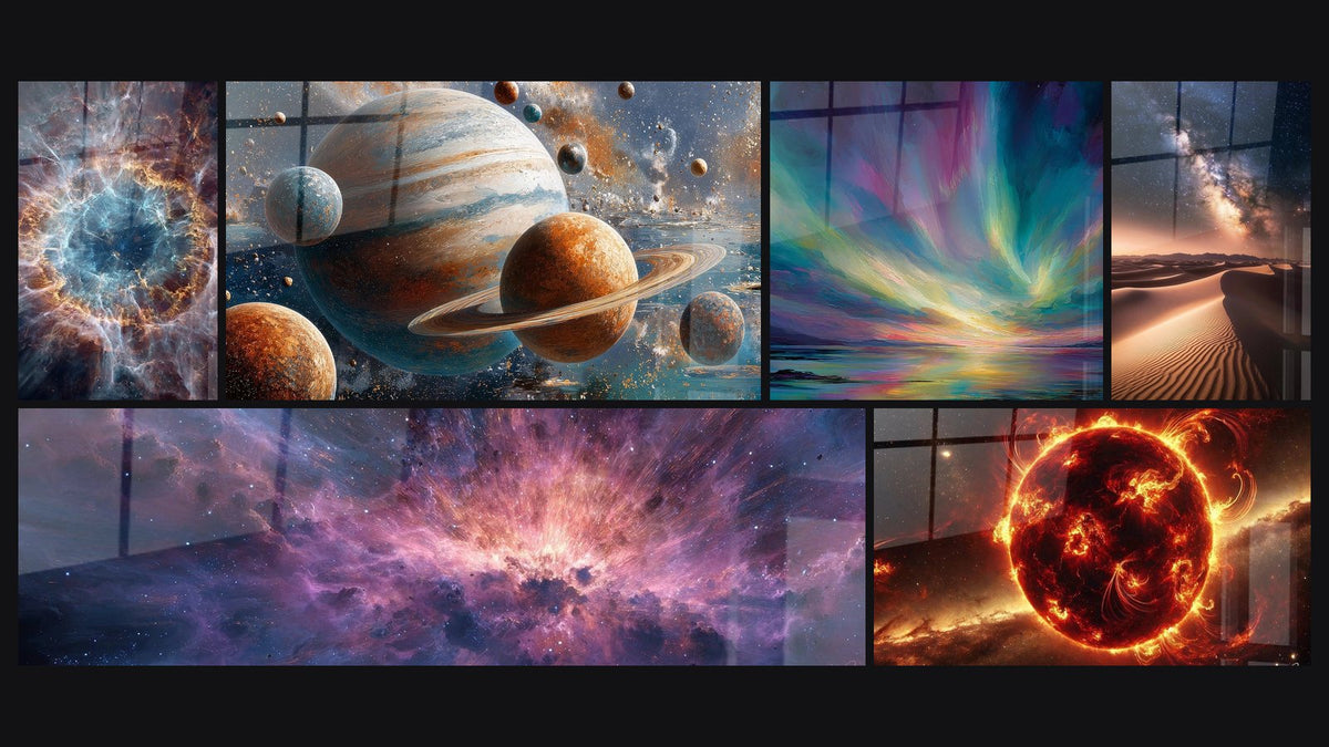 Mosaico di sei quadri, tra cui Nebulosa a spirale di, Nebulosa cosmica di e Delle pianeti del sistema solare