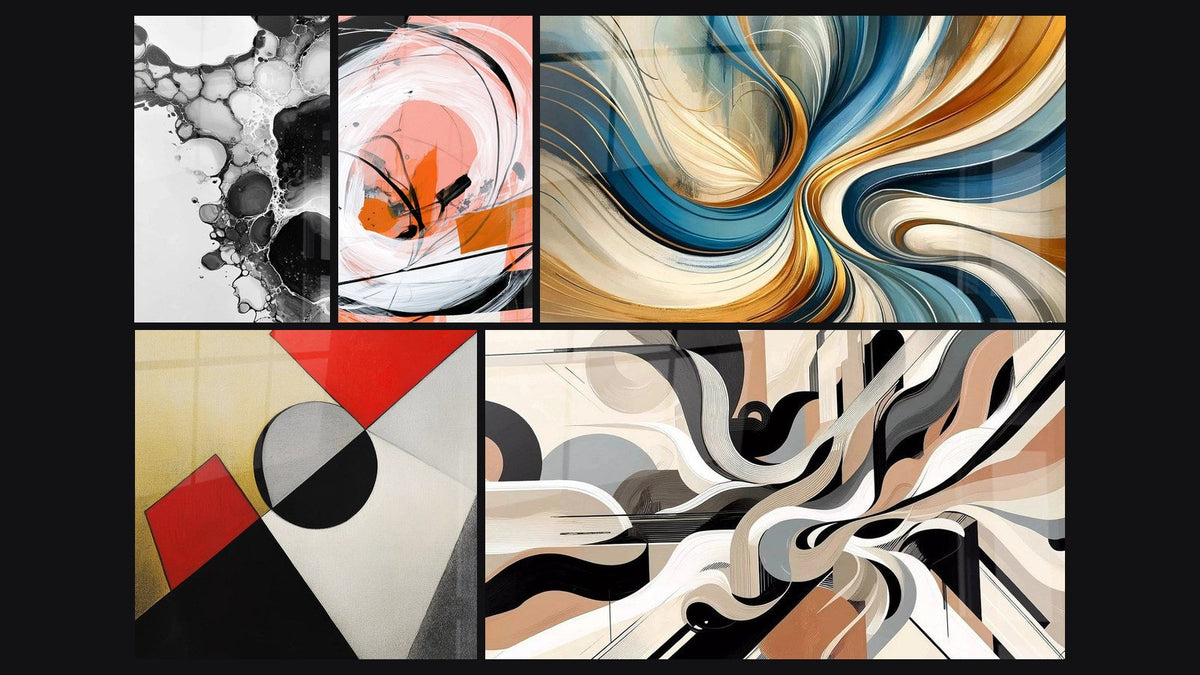 Mosaic of five paintings, including Bubble Abstract, Colorful geometric shapes and Graphical Vibrations