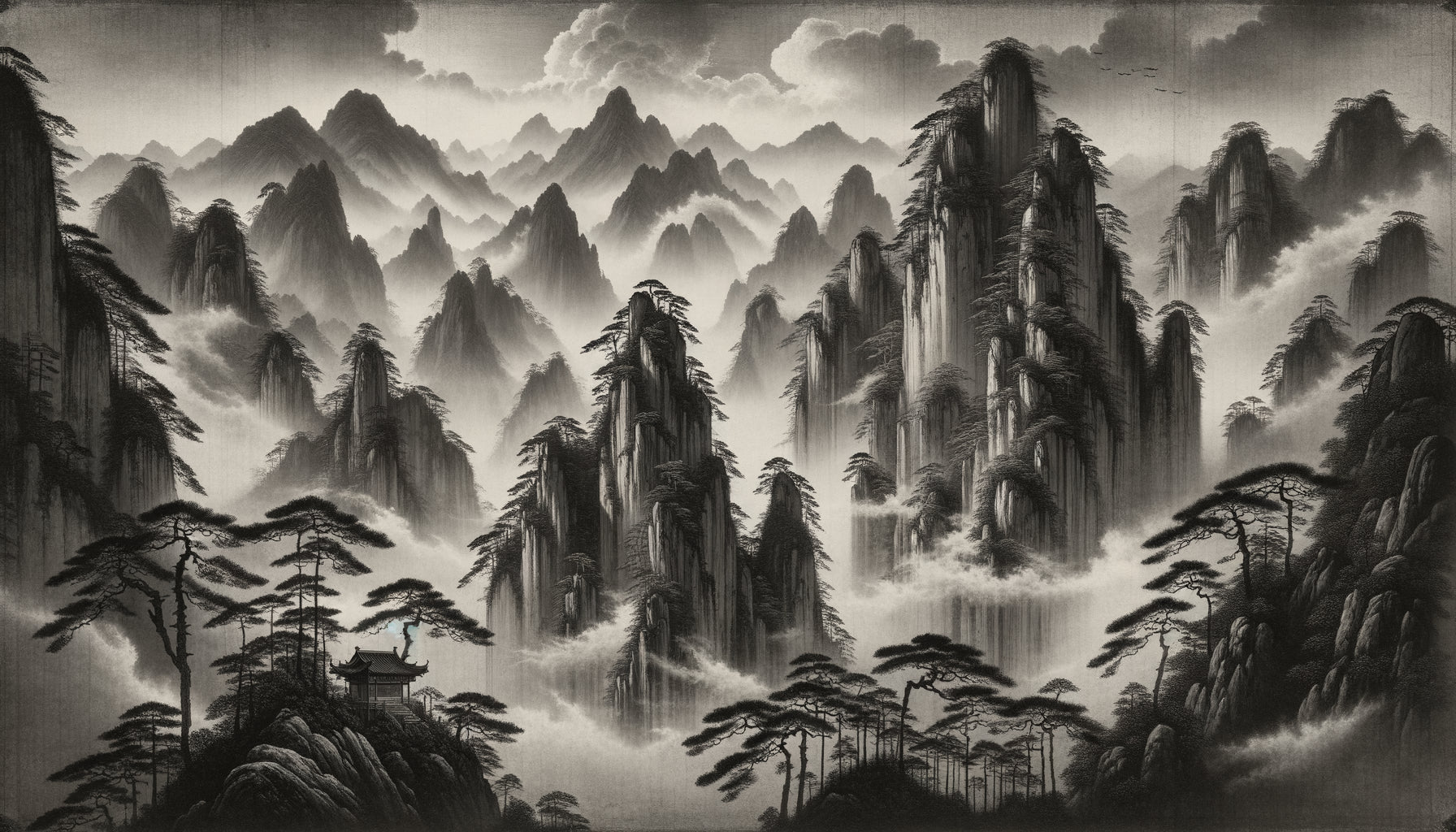 Peinture à l'encre dynastie Ming montrant montagnes sacrées émergeant des brumes, technique shanshui méditative caractéristique