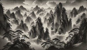 Peinture à l'encre dynastie Ming montrant montagnes sacrées émergeant des brumes, technique shanshui méditative caractéristique