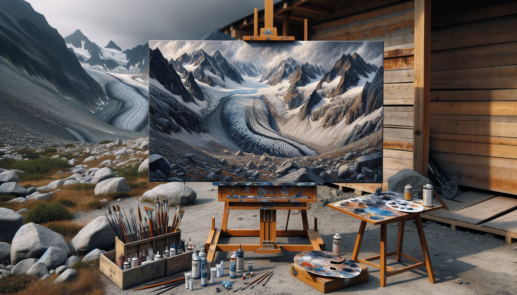 Peinture alpine contemporaine de moraine glaciaire sur chevalet en montagne, esthétique minérale et témoignage climatique