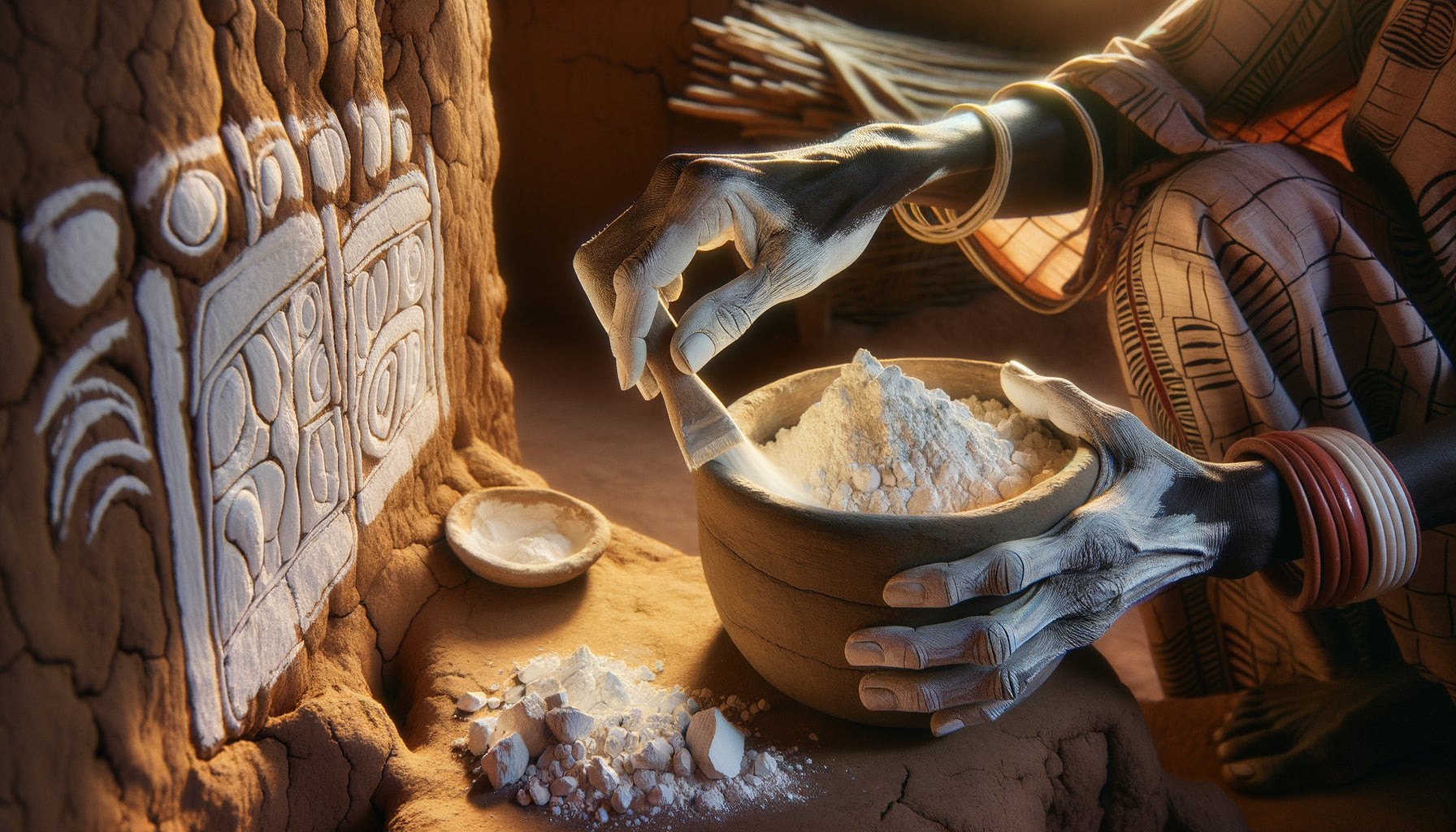 Femme africaine appliquant pigments de kaolin sur mur traditionnel avec techniques ancestrales de stabilisation naturelle